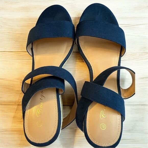COUTGO Women's Navy Blue Espadrille Wedge Sandals Anke Strap Buckle - Picture 5 of 9
